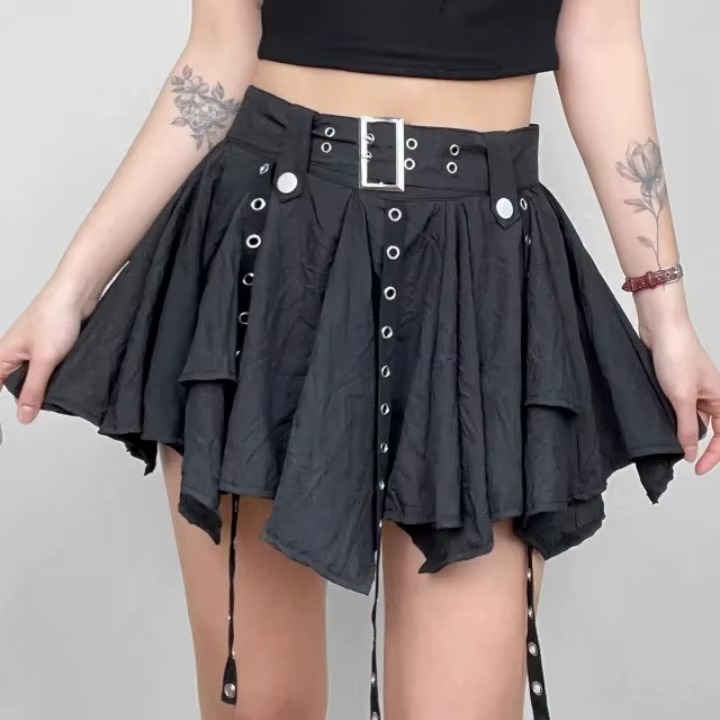 Trendy Crumpled Layer With Belt Strap Elastic Back Asymmetrical Mini Skirt - Image 3