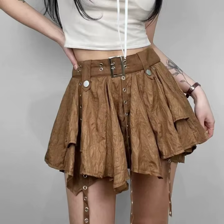 Trendy Crumpled Layer With Belt Strap Elastic Back Asymmetrical Mini Skirt - Image 11