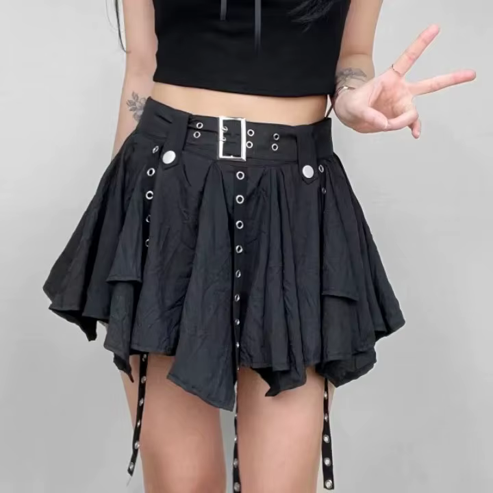 Trendy Crumpled Layer With Belt Strap Elastic Back Asymmetrical Mini Skirt - Image 4