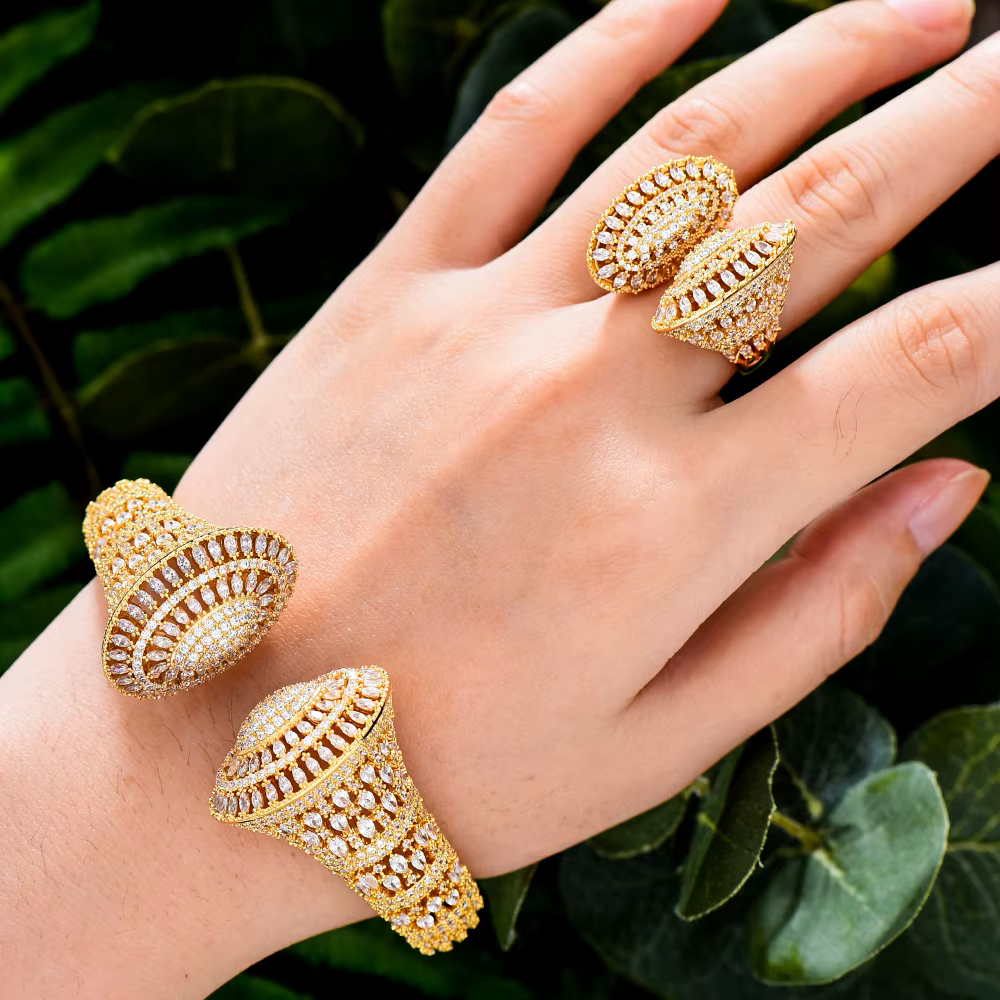 Trendy Luxury Wide Big Bold Feathe AAA Cubic Zircon Party Bangle Rings Jewelry Set