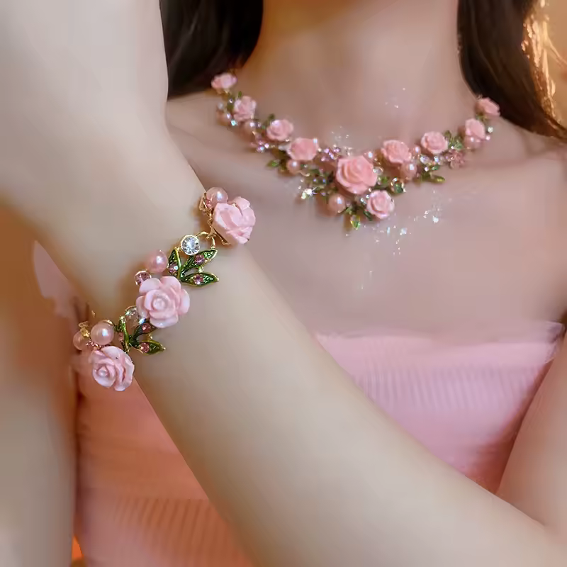Trendy Rose Flower Party Wedding Necklace Bracelet Jewelry Set