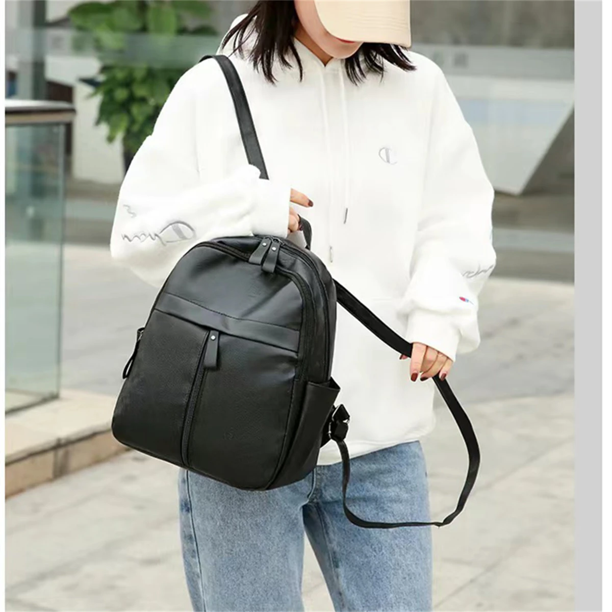 Trendy Simple PU Soft Leather Casual Single Shoulder Cross Shoulder Backpack - Image 4