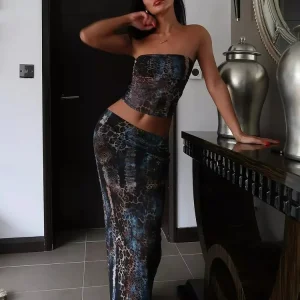 Trendy Strapless Print Serpentine Pattern Slash Neck Top And Skirt Sheath 2 Piece Set