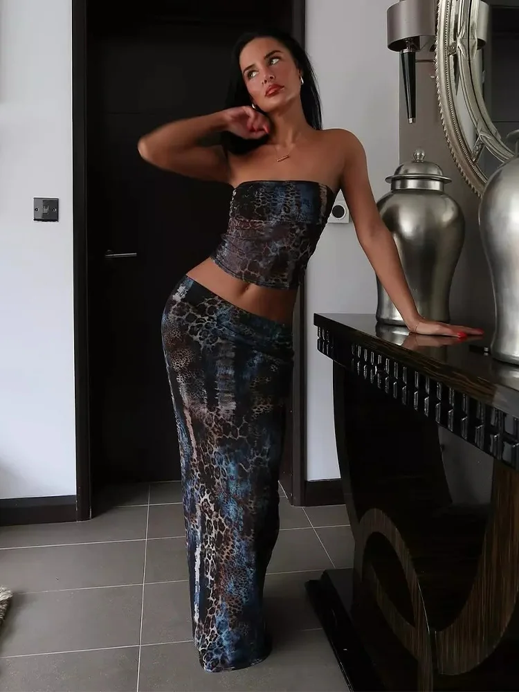 Trendy Strapless Print Serpentine Pattern Slash Neck Top And Skirt Sheath 2 Piece Set