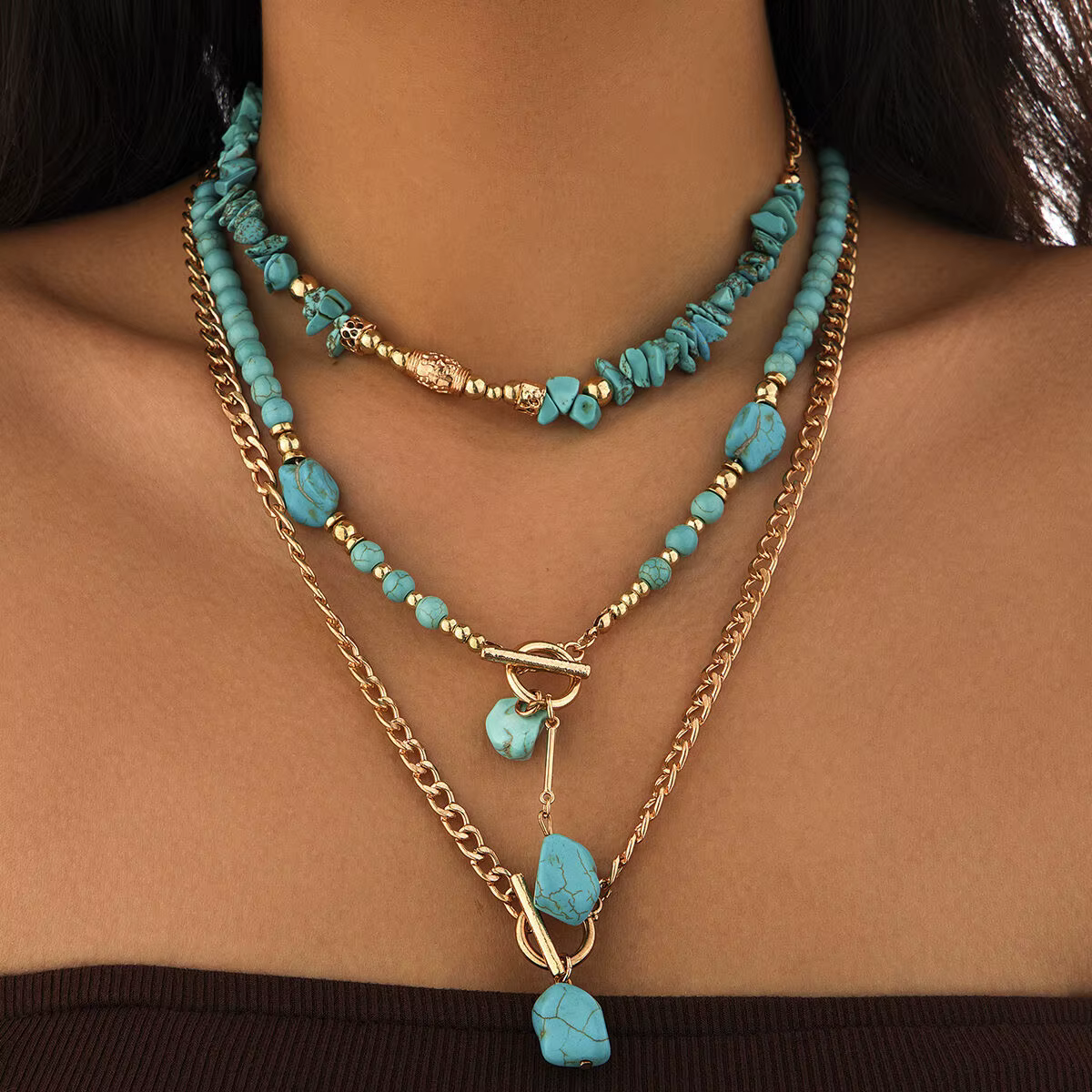 Trendy Vintage Natural Stone Beads Bohemia Geometry Pendant Necklace