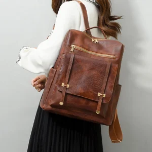 Trendy Vintage Pu Leather Daypack Casual Travel Retro Student School Backpack