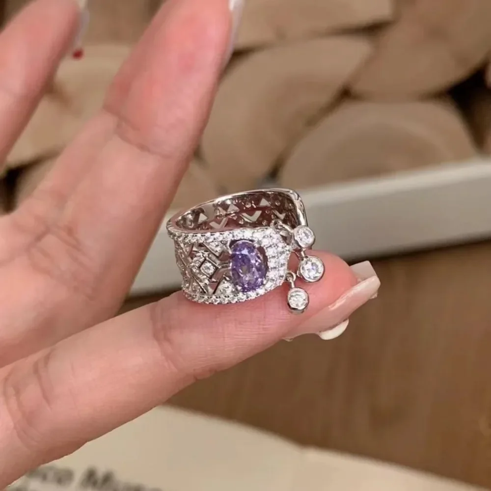 Unique Retro Tassel Light Luxury Exquisite Diamond Amethyst Rings - Image 4