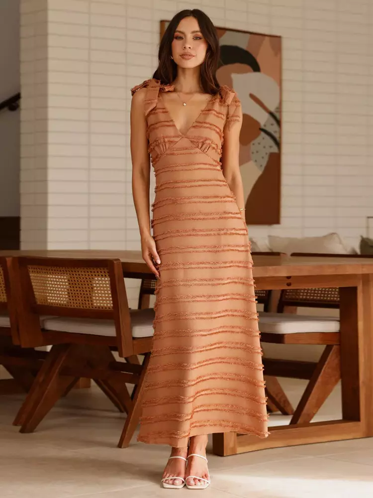 Elegant V-Neck Layered With Bow Shoulder Strap Long Maxi Dress - Image 7