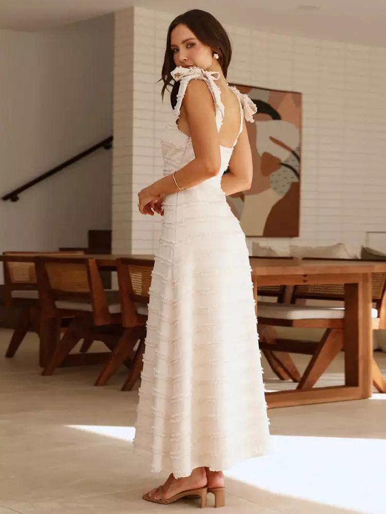 Elegant V-Neck Layered With Bow Shoulder Strap Long Maxi Dress - Image 3