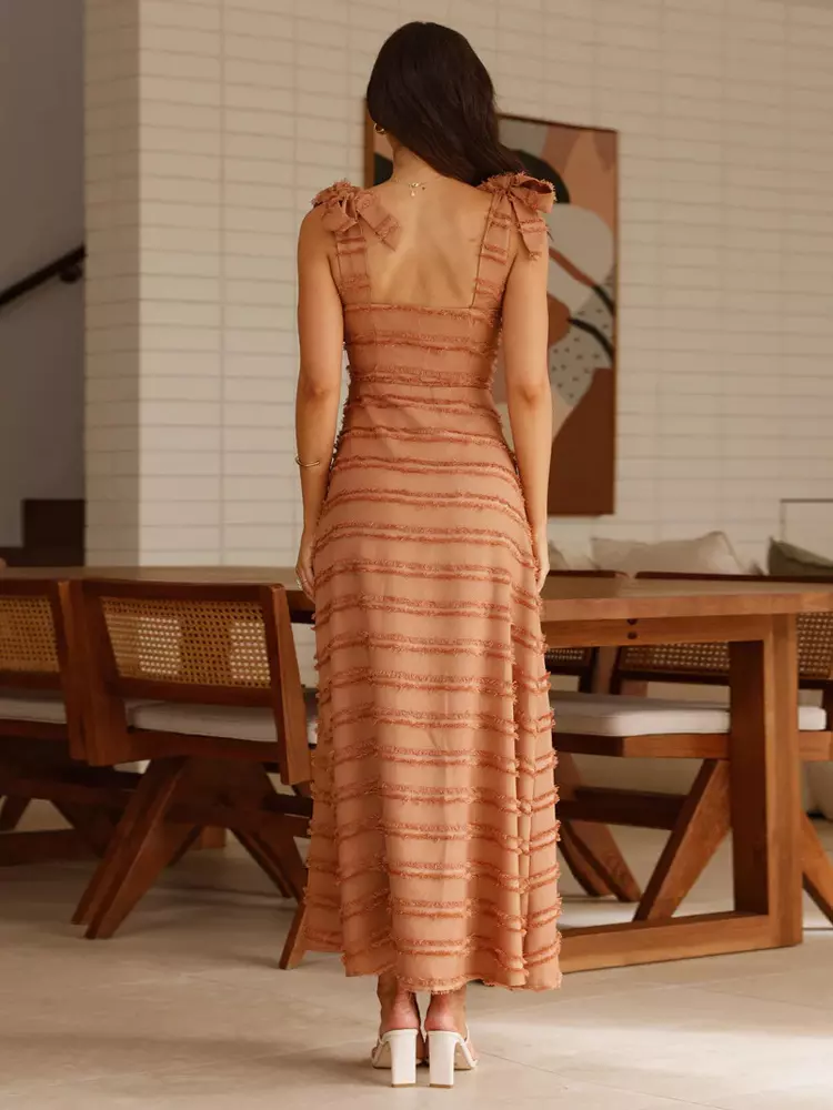 Elegant V-Neck Layered With Bow Shoulder Strap Long Maxi Dress - Image 9