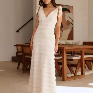 Elegant V-Neck Layered With Bow Shoulder Strap Long Maxi Dress