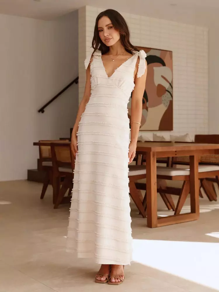 Elegant V-Neck Layered With Bow Shoulder Strap Long Maxi Dress