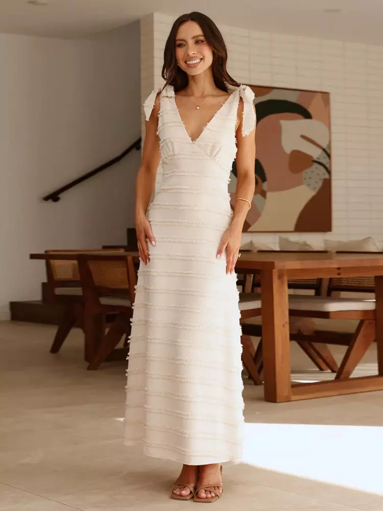 Elegant V-Neck Layered With Bow Shoulder Strap Long Maxi Dress - Image 2