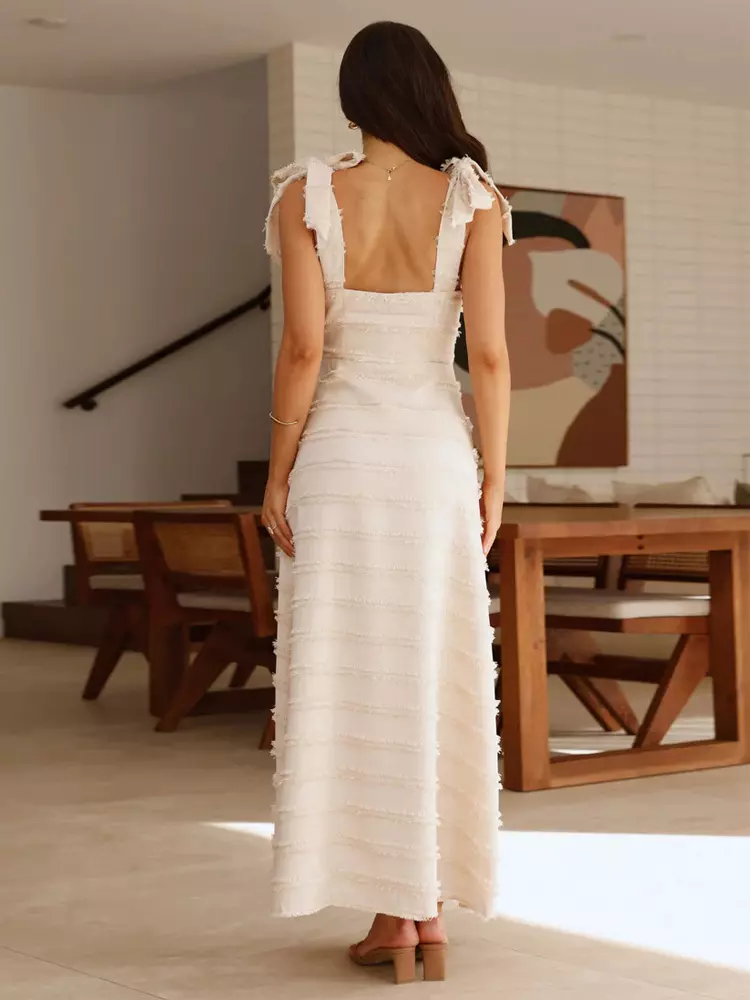 Elegant V-Neck Layered With Bow Shoulder Strap Long Maxi Dress - Image 4