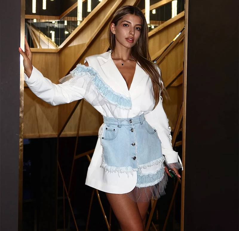 Elegant Patchwork White Blazer With Frayed Details Denim Skirts 2 Piece Set