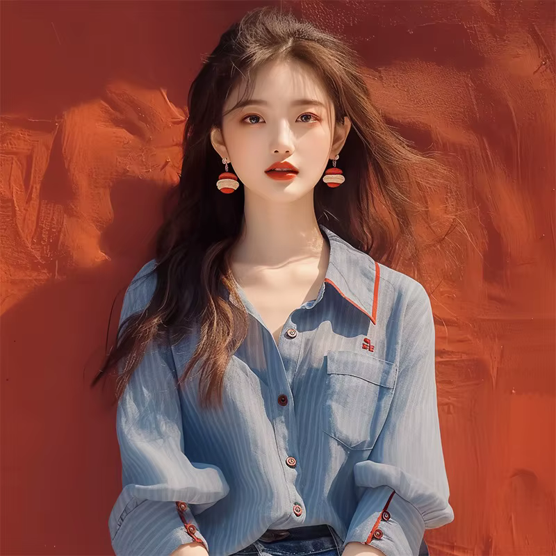 Vintage Single Breasted Turn-down Collar Chiffon Stripe Loose Shirt