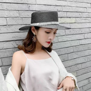 Casual Versatile Silver Straw Flat Top Hat Bright Silk Hepburn Beach Hat