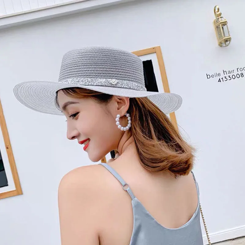 Casual Versatile Silver Straw Flat Top Hat Bright Silk Hepburn Beach Hat - Image 3