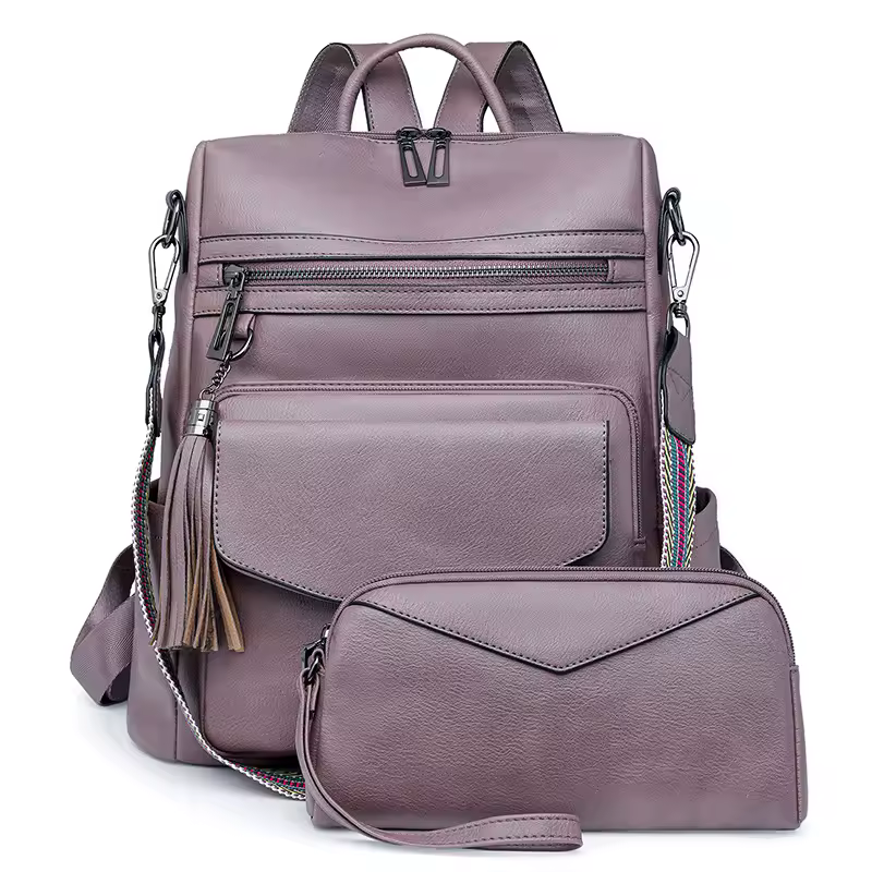 Vintage Block Design With Tassel Stain-Resistant Leather Backpack - Image 4