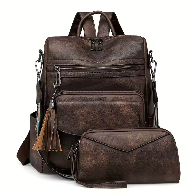 Vintage Block Design With Tassel Stain-Resistant Leather Backpack - Image 5