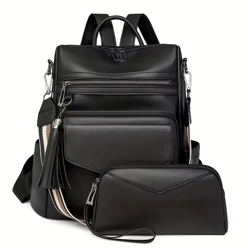 Vintage Block Design With Tassel Stain-Resistant Leather Backpack - Image 7