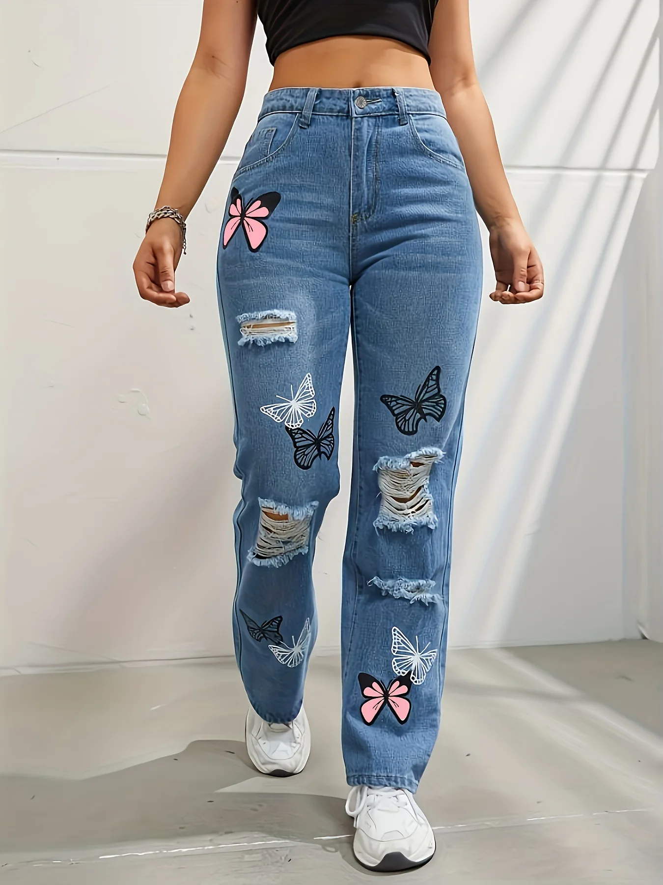 Vintage Butterfly Printing Denim Holes Jeans Straight Pants - Image 4
