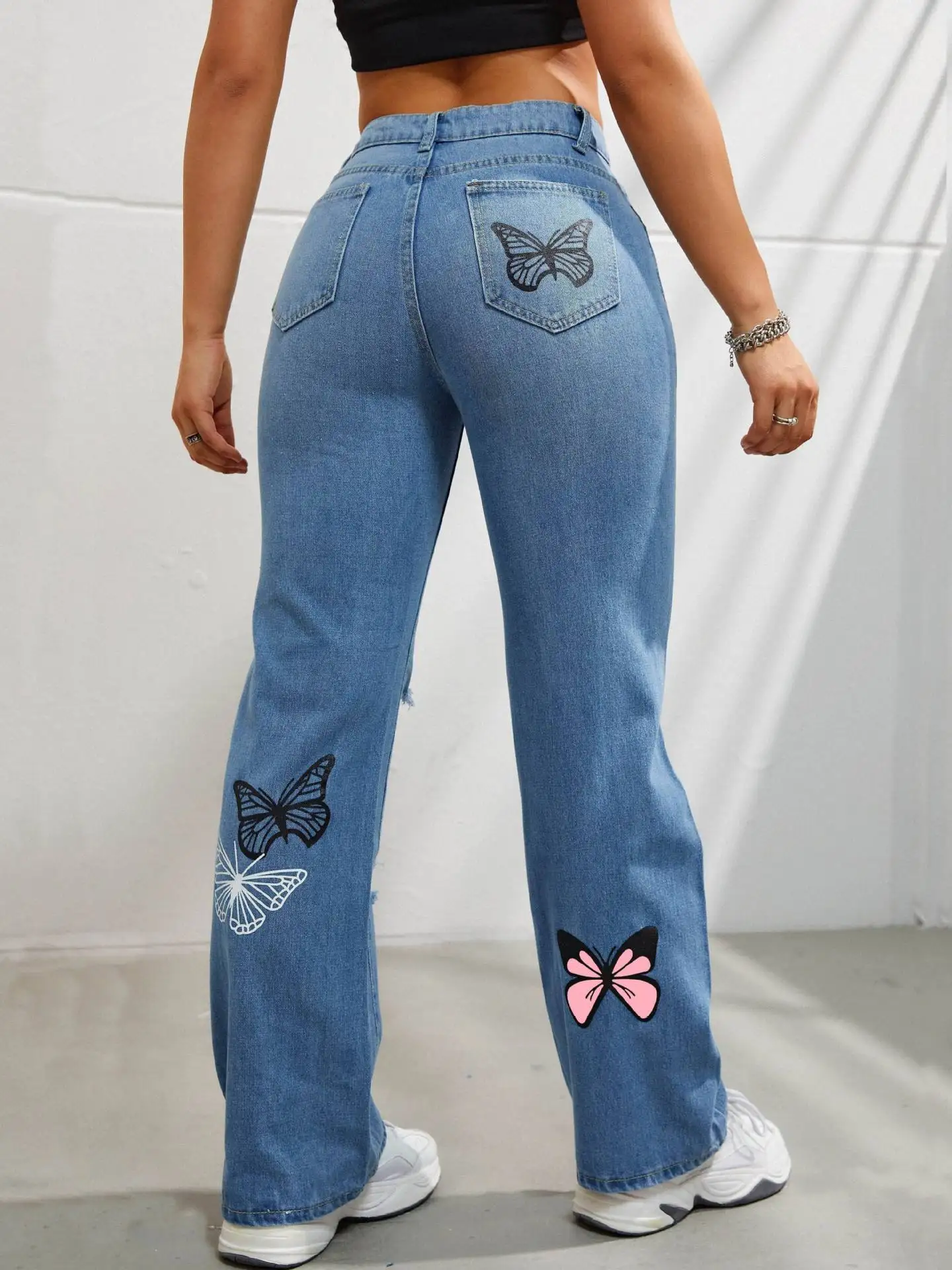 Vintage Butterfly Printing Denim Holes Jeans Straight Pants - Image 5