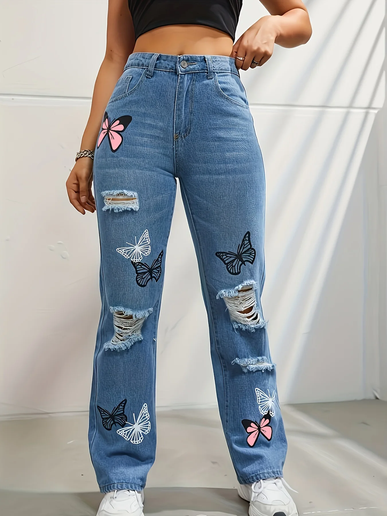Vintage Butterfly Printing Denim Holes Jeans Straight Pants - Image 3