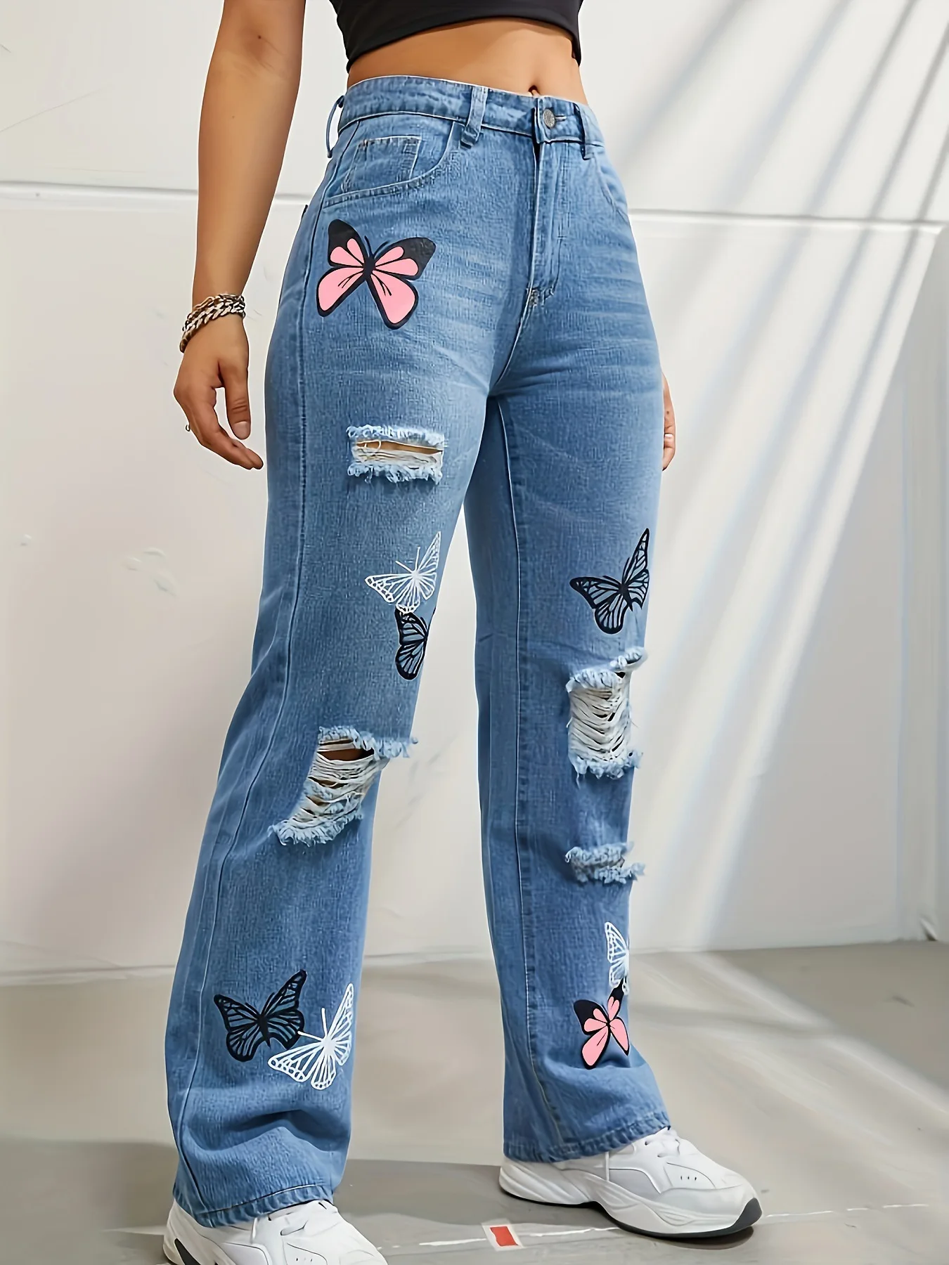 Vintage Butterfly Printing Denim Holes Jeans Straight Pants - Image 2