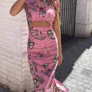 Vintage Chic Print O-Neck Zipper Sleeveless Straight Maxi Dress