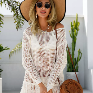Vintage Crochet Cover Up Fringed Hem Long Sleeves Beachwear