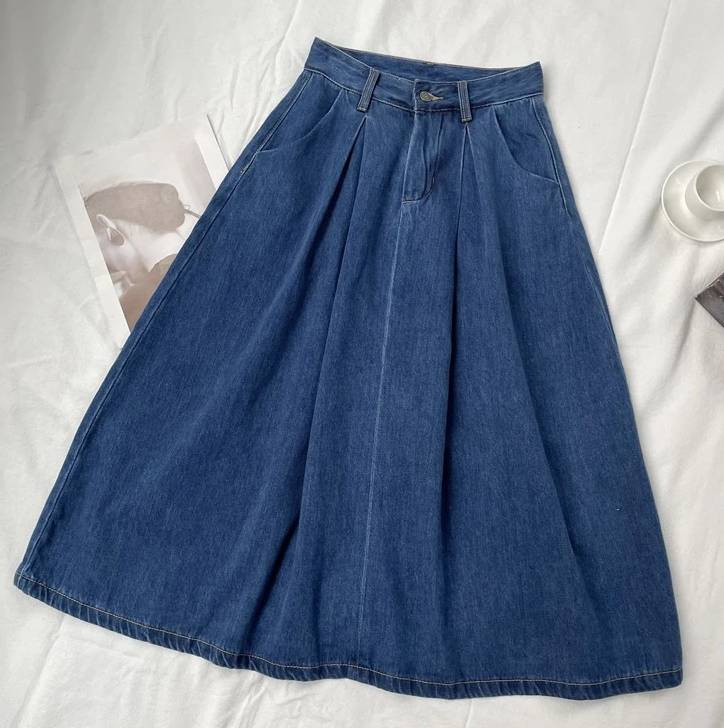 Vintage Empire High Waist Denim Loose Cargo Non Stretch Mid-Calf Skirts - Image 7