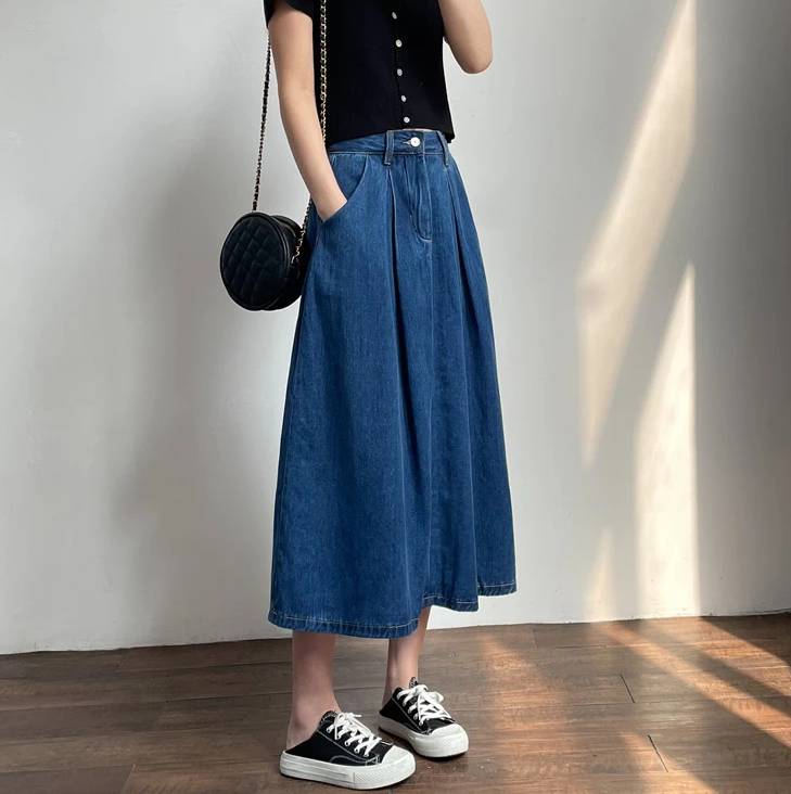 Vintage Empire High Waist Denim Loose Cargo Non Stretch Mid-Calf Skirts - Image 4