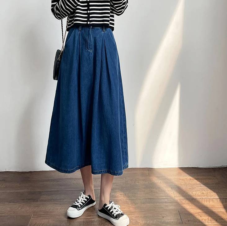 Vintage Empire High Waist Denim Loose Cargo Non Stretch Mid-Calf Skirts - Image 5