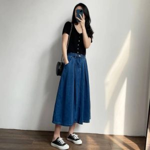 Vintage Empire High Waist Denim Loose Cargo Non Stretch Mid-Calf Skirts