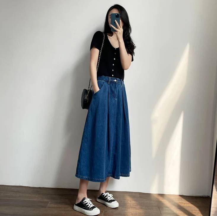 Vintage Empire High Waist Denim Loose Cargo Non Stretch Mid-Calf Skirts