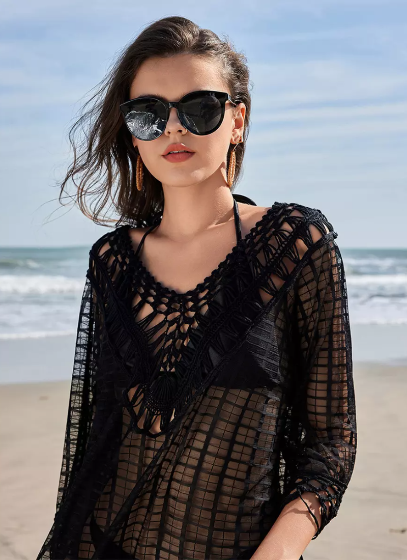 Vintage Fashion V-Neck Cover Up With Fringed Hem For Beach - Image 2
