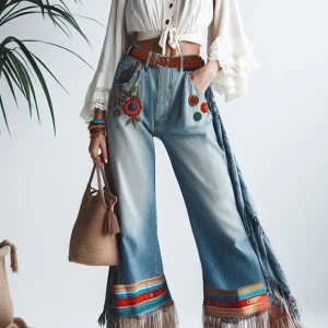 Vintage Floral Embroidery Tassel Pockets High Waist Wide Leg Ethnic Denim Pants