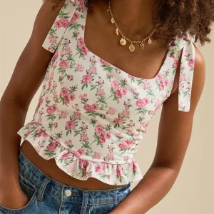 Vintage Floral Print Sleeveless Tie-up Strap Square Neck Ruffles Slim Fit Camis Tops