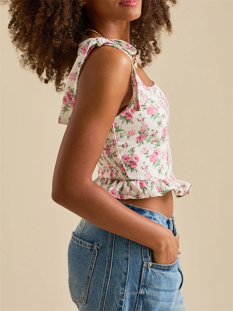 Vintage Floral Print Sleeveless Tie-up Strap Square Neck Ruffles Slim Fit Camis Tops - Image 2