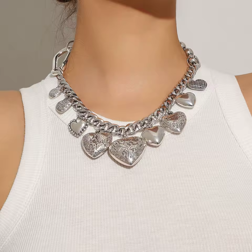 Vintage Heart Punk Retro Cuban Chains Chokers Pendant Necklace
