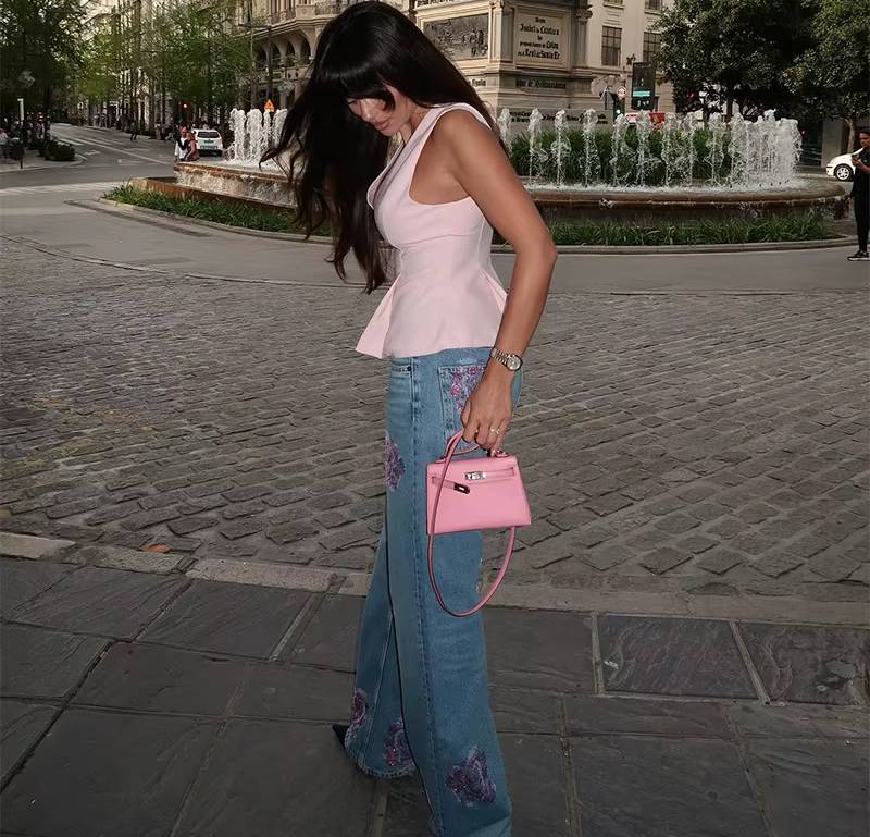 Vintage High Waist Jeans With Floral Print Wide Leg Pants Streetwear - Image 3