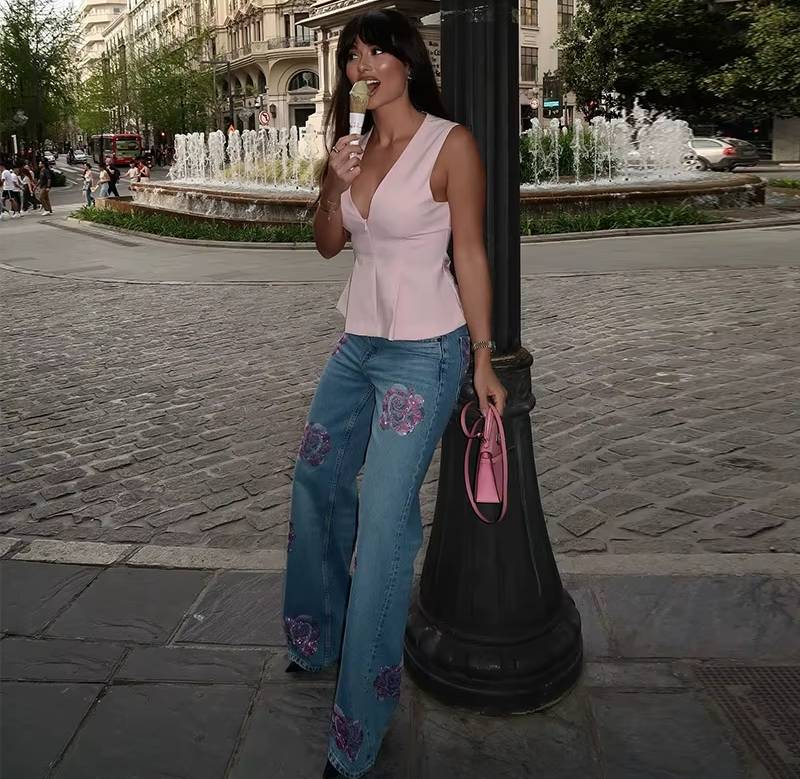 Vintage High Waist Jeans With Floral Print Wide Leg Pants Streetwear - Image 9
