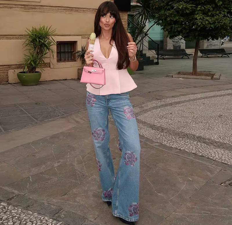 Vintage High Waist Jeans With Floral Print Wide Leg Pants Streetwear