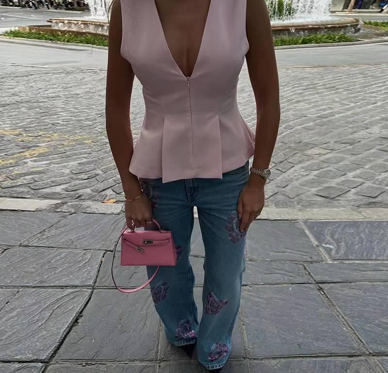 Vintage High Waist Jeans With Floral Print Wide Leg Pants Streetwear - Image 7