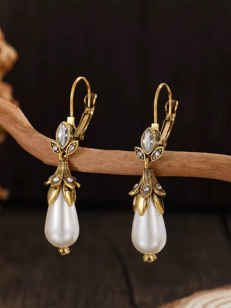 Vintage Inlay Pearls Party Birthday Dangle Earrings