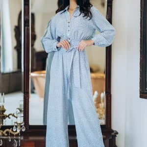 Vintage Lace Up Turn-Down Collar Long Sleeve Shirt And Pajama Printing 2 Piece Set