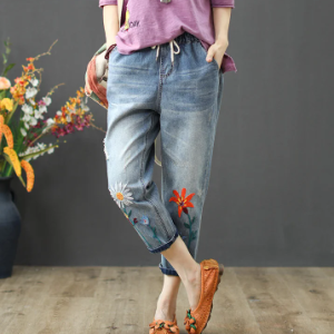Vintage Lace up Floral Embroidery Ripped Denim Loose Jeans Streetwear