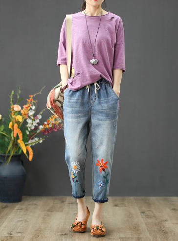 Vintage Lace up Floral Embroidery Ripped Denim Loose Jeans Streetwear - Image 3