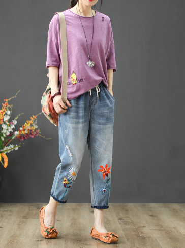 Vintage Lace up Floral Embroidery Ripped Denim Loose Jeans Streetwear - Image 2